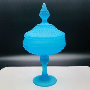 Vintage Indiana Glass Satin Mist Blue Diamond Point Candy Wedding Box Compote